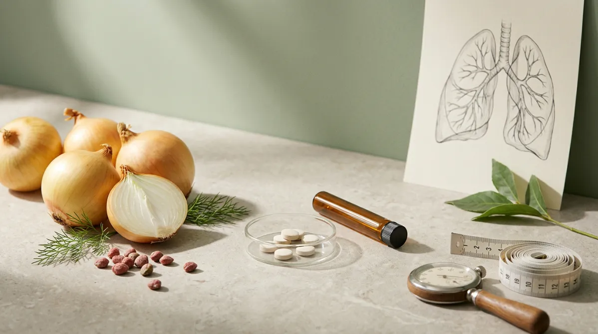 A wide, softly lit editorial still life on a pale warm-gray stone surface, shot from a slightly elevated three-quarter angle. On the left, a small cluster of fresh yellow-gold onions with papery skins, one cut in half to show its pale concentric layers, sits beside a few dusty-red capers and a sprig of dill. These are natural quercetin sources and read as quiet botanical details. In the center, a minimalist glass apothecary dish holds a few small, round, off-white tablets. Beside it, a slim amber glass vial lies on its side with a plain unlabeled cap.

On the right, a neatly arranged clinical element: a vintage-style wooden-handled stopwatch and a crisp paper stride-length measuring tape curled in a loose spiral, hinting at the 6-minute walk test and gait speed measures. Behind these, a softly out-of-focus wall of pale sage green with a subtle shadow of a window frame cast diagonally across it. A single translucent anatomical line drawing of lungs, rendered in fine charcoal ink on cream paper, leans against the wall, its delicate branching bronchi echoing the veining of a nearby green leaf.

Lighting is soft morning daylight from the upper left, creating gentle long shadows and a calm, thoughtful mood. The palette is muted and modern: butter yellow, sage, cream, warm gray, with small accents of terracotta and amber. Shallow depth of field keeps the tablets and onion sharp while the background melts into a creamy blur. Generous negative space across the upper right makes room for headline overlay. The composition feels like a contemporary science journal or wellness-research magazine cover: clean, tactile, restrained, with subtle film grain and natural color grading. No text, no logos, no people, no futuristic elements.