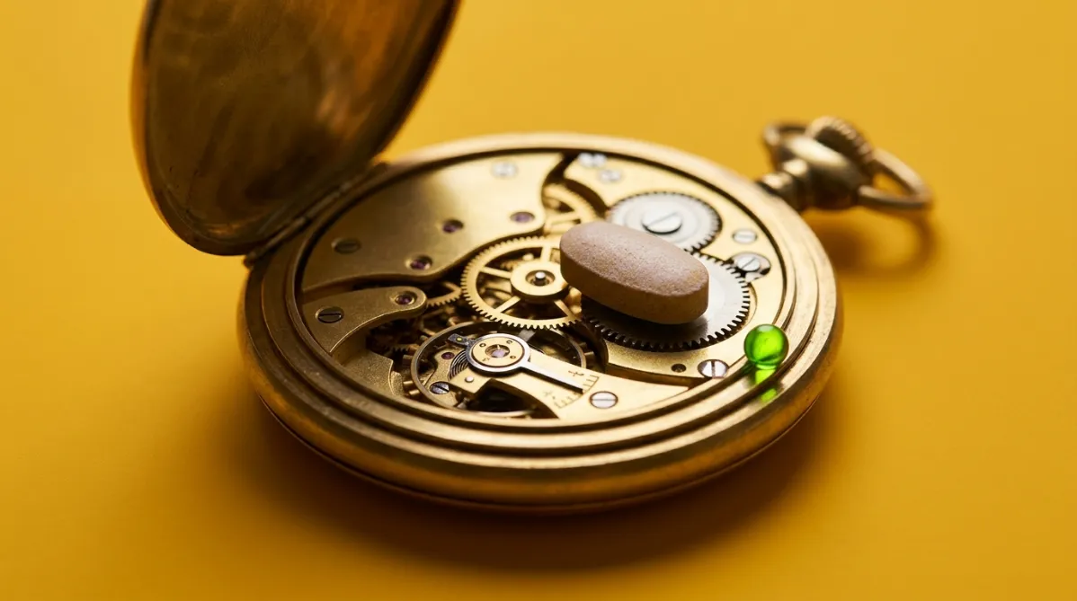 Approach: conceptual metaphor. Palette: bold color field.

A single vintage brass pocket watch, open, with its movement visible, sits at the center of a saturated mustard-yellow seamless backdrop. The balance wheel and gears are in sharp focus. A single plain, unmarked oval multivitamin tablet is wedged between two gear teeth, as if gently slowing the mechanism. A tiny, crisp electric-green glass bead rests on the rim of the watch case as the only accent. Camera: shot from slightly above at about 35 degrees, with a macro lens and shallow depth of field, so the gears behind the tablet melt into soft golden blur. Lighting: a large softbox from the upper left, with crisp highlights on the brass and a soft, short shadow falling to the right on the yellow surface. Mood: curious, optimistic and precise, suggesting a modest, measurable slowing of time and not a miracle cure.