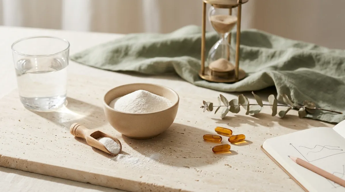 A serene editorial still life shot from a slightly elevated angle on a pale travertine surface, bathed in soft morning window light with gentle long shadows. At the center sits a small matte ceramic bowl in warm oatmeal tone, holding a fine mound of white crystalline powder, with a delicate wooden scoop resting beside it. A few grains are scattered naturally across the stone. To the left, a clear glass of water catches the light, throwing a subtle caustic shimmer onto the surface. To the right, a neatly arranged trio of translucent amber glass capsules and a single sprig of dried eucalyptus add organic texture.

In the softly blurred background, a sage-green linen cloth drapes across the frame, and a vintage brass hourglass stands upright, its sand halfway through. This is a subtle nod to aging and time. A small open notebook with faint, abstract hand-drawn line graphs trending gently downward, with no legible text, rests at the edge of the composition, with a slim pencil placed across it.

The palette is calm and modern: creamy ivory, warm sand, muted sage, soft terracotta, and touches of honey amber. The mood is quiet, thoughtful, and scientific without being clinical, like a contemporary wellness and science magazine cover. Shallow depth of field keeps the powder bowl crisp, with creamy bokeh behind it. Generous negative space on the right side of the wide 16:9 frame leaves room for headline overlay. Fine film-like grain, natural color grading, and minimalist composition give it a refined, trendy journal feel.