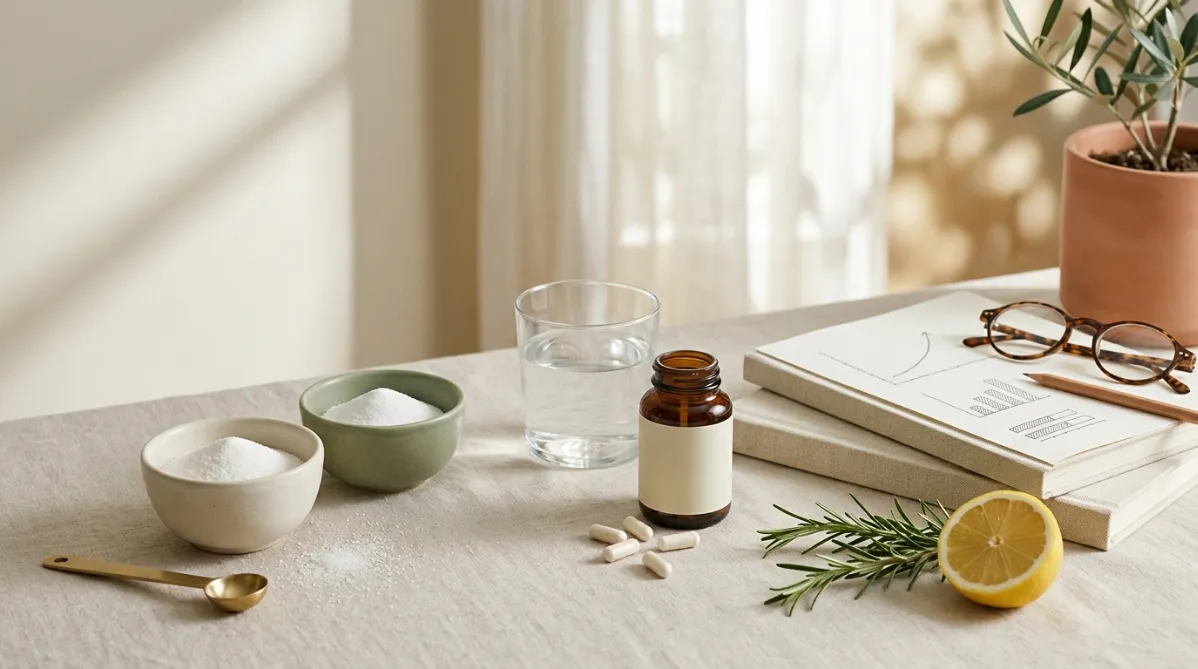 A softly lit, minimalist still life on a pale oatmeal-colored linen surface, photographed from a slightly elevated three-quarter angle in a wide landscape frame. On the left, two small matte ceramic bowls in warm off-white and sage green hold fine white crystalline powder, one a little fuller than the other, with a few scattered grains catching the light. A slim brushed-brass measuring spoon rests beside them. In the center, a clear glass of water with a faint ripple, next to a small amber glass supplement bottle with a blank cream label and a few white capsules spilled onto the linen.

On the right, a sprig of fresh rosemary and a halved lemon add organic texture and a muted citrus yellow. A neat stack of two thick cream notebooks sits behind them, topped with a pair of thin round tortoiseshell reading glasses and a sharpened pencil. An open notebook page shows hand-drawn minimalist line charts, a simple upward curve and two small bar graphs, in soft graphite with no legible text.

Behind the arrangement, a blurred sunlit window casts long, gentle diagonal shadows across the surface, with sheer curtains diffusing the morning light. The background is a creamy neutral wall with a hint of a potted olive plant at the edge. The palette is warm and calm: ivory, sage, soft terracotta, pale gold, and touches of amber. Shallow depth of field keeps the bowls and bottle sharp while the background melts into soft bokeh. The mood is clean, editorial, and thoughtful, like a modern health and wellness magazine cover, with generous negative space in the upper left for a headline overlay. Subtle film grain, natural color grading, no people, no text, and no futuristic elements.