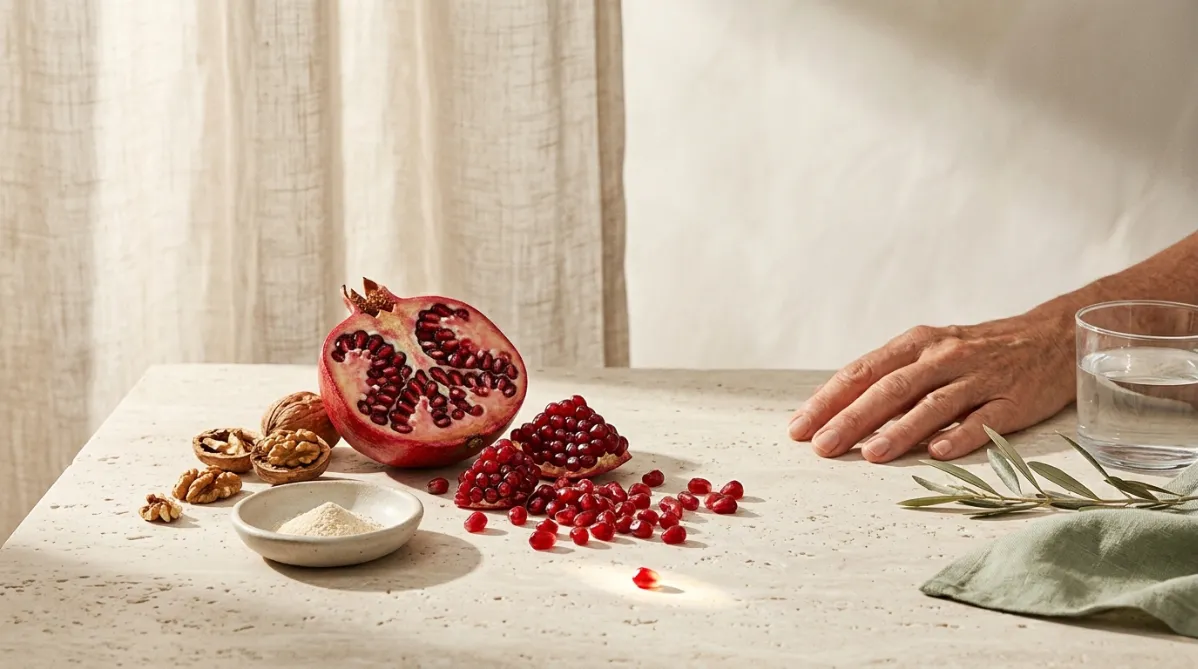 A wide, softly lit editorial still life on a pale travertine surface. In the center-left, a halved ruby-red pomegranate sits open, its glossy arils spilling in a loose cluster onto the stone. Beside it are a few cracked walnut halves and a small matte ceramic dish holding a pinch of fine cream-colored powder. A single aril catches a bright highlight near the foreground. In the soft-focus background, a sheer linen curtain filters warm morning sunlight, which casts long, gentle shadows across the scene.

On the right side, an elegant older woman's hand, seen only from the wrist down, rests lightly on the surface next to a minimalist glass of water. Her skin shows natural texture and warmth. A slim sprig of dried olive branch and a folded sage-green napkin add quiet, organic accents.

The palette is restrained and modern: deep garnet red, warm walnut brown, oat beige, soft sage, and creamy off-white. The composition leaves generous negative space on the upper right for title text. The depth of field is shallow, with crisp focus on the pomegranate and a creamy bokeh falloff. The lighting is natural, diffused, and slightly golden, in the style of a high-end wellness magazine or a contemporary science and nutrition journal. The mood is calm, clean, and quietly authoritative. The finish is photographic, with fine grain, subtle matte tones, and a premium editorial feel.