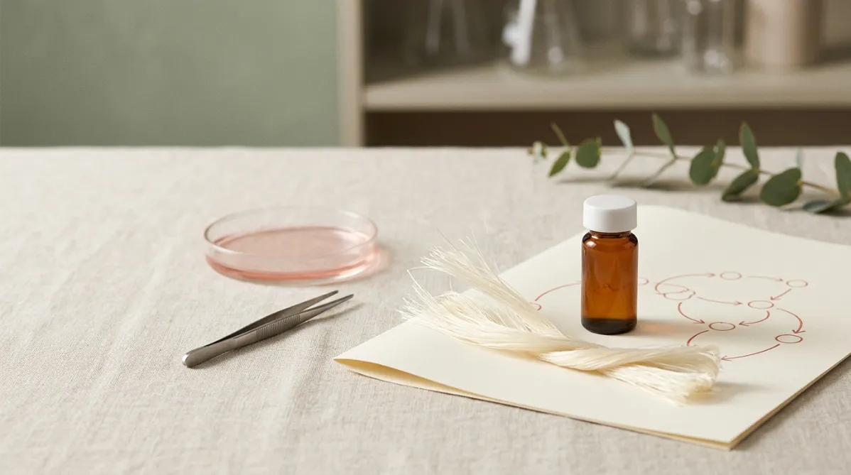 A wide, editorial-style still life photographed in soft natural window light on a pale oatmeal-colored linen surface. In the center foreground, a single small amber glass vial with a matte white cap sits slightly off-center to the right, unlabeled and minimal. Beside it lies a delicate, translucent skein of tendon-like fibers, rendered as fine pale ivory threads gently fanning out and twisting together, resting on a folded sheet of cream paper. To the left, a glass petri dish with a thin layer of soft blush-pink liquid, catching a subtle highlight, and a slim pair of stainless steel tweezers laid diagonally across the surface.

Behind the objects, a softly blurred background in muted sage green and warm taupe suggests a quiet laboratory shelf, with out-of-focus glassware shapes and a single trailing sprig of eucalyptus adding an organic note. A thin, hand-drawn style line diagram of interconnected nodes and curved arrows, in faint terracotta ink, is printed on the paper beneath the fibers. It hints at a cellular signaling pathway without any text or readable labels.

The composition uses generous negative space on the left third for potential title overlay, with a shallow depth of field and a gentle diagonal flow from the petri dish to the vial. The color palette is restrained and warm: cream, sage, blush, amber, and terracotta accents, with soft shadows and a faint film-grain texture. The mood is calm, thoughtful, and scientific but approachable, like a contemporary health and science magazine cover. Shot as if with a 50mm lens at f/2.8, top-down at a slight 30-degree angle, with crisp focus on the vial and fibers. No people, no text, no futuristic elements.
