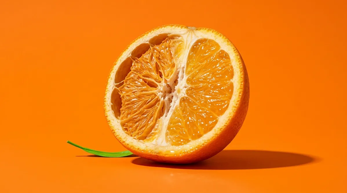 **Approach: Conceptual metaphor. Palette: Bold color field (saturated orange).**

A single halved orange sits on a seamless saturated tangerine-orange backdrop, shot from a low three-quarter angle with a macro lens. The flesh is shrunken and dried on one side, with the juice vesicles collapsed and pulled back from the rind. The other half is plump and glistening. The shrunken side leaves a visible gap inside the peel, which suggests lost brain volume. Hard, directional studio light from the upper left throws a crisp, warm-neutral shadow across the backdrop. Tiny droplets of juice catch the highlights. A thin electric green leaf stem rests beside the fruit as a small accent. The mood is vivid and clean, with a quiet tension between fullness and depletion. There is no text and no blue cast.
