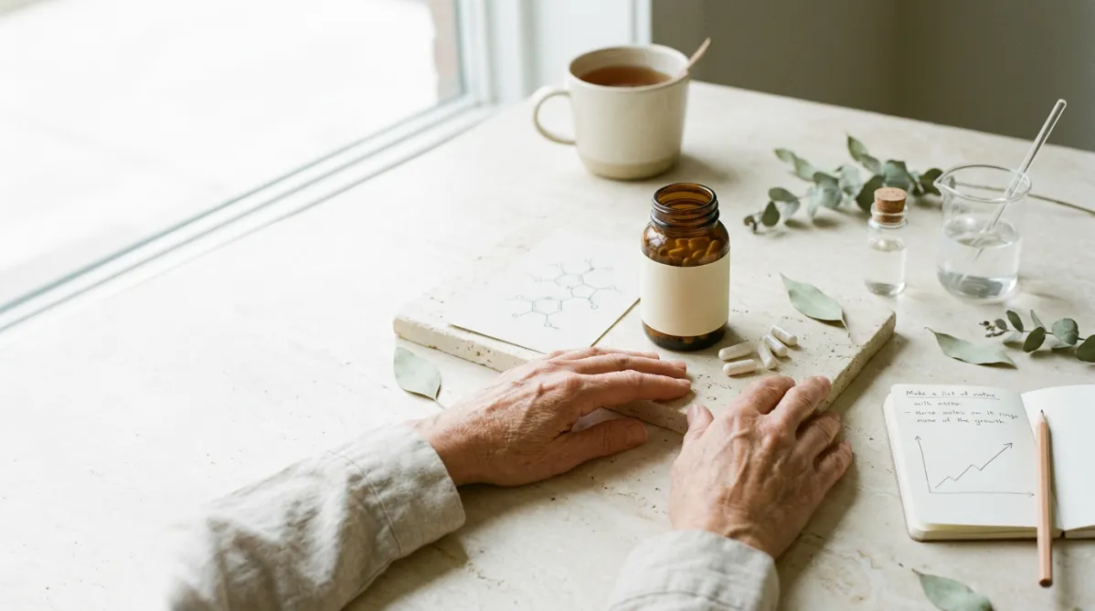 A bright, minimalist editorial still life on a pale warm-white stone surface, shot from a slightly elevated three-quarter angle in soft natural window light. At center, a small amber glass supplement bottle with a matte cream label, unbranded, sits beside a few loose white capsules. A pair of weathered hands in a light oatmeal linen sleeve, belonging to an older adult, rests gently near the bottle, with a ceramic mug of tea just out of focus. To the right, a clean glass vial and a delicate glass beaker filled with clear liquid catch the light, hinting at laboratory research without any futuristic touch. A small paper notebook with a handwritten simple line graph rising in a gentle curve lies open nearby, along with a sharpened pencil. Scattered at the edges are soft sprigs of dried eucalyptus and a few pale sage-green leaves, adding an organic note. A faint, abstract molecular diagram printed in muted teal ink on a card leans against the bottle, subtle and graphic. The palette is calm and modern: warm ivory, sage green, soft teal, muted amber, and touches of dusty peach. Long, gentle shadows fall across the surface, and the shallow depth of field blurs the background into creamy neutral tones. The composition leaves generous negative space on the left third for headline text. The overall feel is a trendy health and science journal: clean, airy, trustworthy, and quietly sophisticated, with fine film-like grain and true-to-life color. Ultra-detailed, 16:9 landscape.