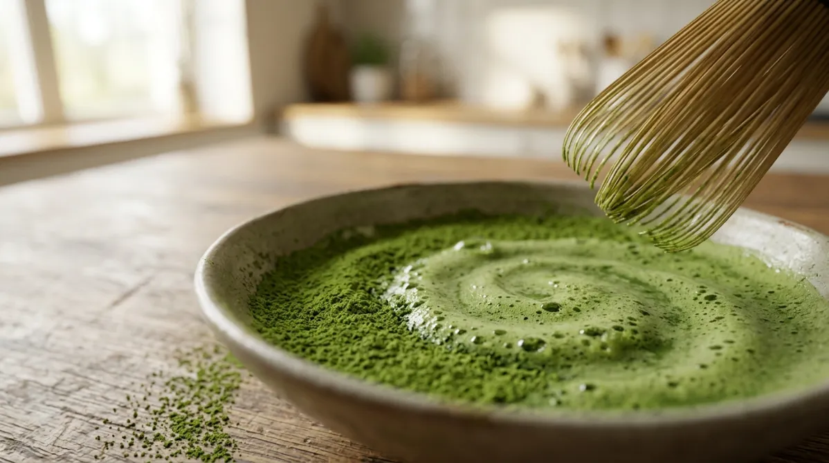 **Approach: Macro science, with Palette C (natural).**

Extreme close-up, shot from a low 30-degree angle, of finely sifted matcha powder in a shallow matte ceramic bowl. A bamboo whisk's tines have just lifted from the surface, leaving a swirl of vivid green foam with a few tiny bubbles. Individual powder grains and the soft ridges of the foam are sharp in the foreground, and the background falls into a creamy blur. Soft side light from a window at left picks out the velvety texture and a faint sheen on the bubbles. The palette is grassy greens, with a worn wooden table in warm brown and a hint of pale daylight. The mood is calm and focused, with a clean, airy, natural feel. The green is the vivid, near-electric tone of fresh matcha. No text, no logos.