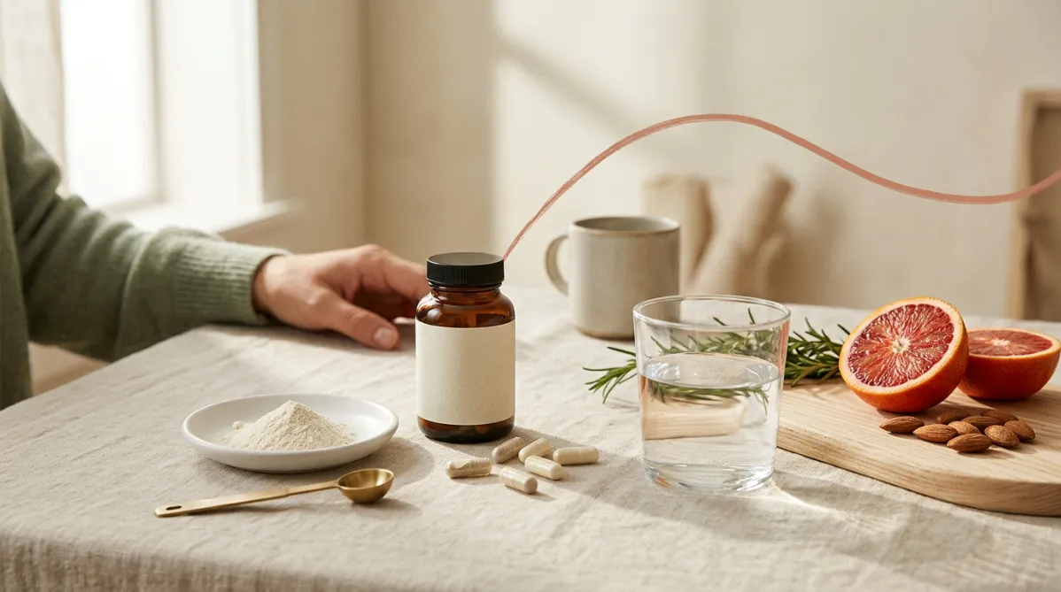 A softly lit editorial still life on a pale oat-colored linen surface, shot from a slightly elevated three-quarter angle in a wide landscape frame. At center-left, a small matte white ceramic dish holds a modest pile of fine off-white powder, with a tiny brushed-brass measuring spoon resting beside it. Next to the dish stands a minimalist amber glass supplement bottle with a plain cream label and no readable text. A few capsules spill casually across the linen, some translucent and some opaque ivory.

On the right side of the composition, a ripe blood orange cut in half and a handful of raw almonds sit on a light ash-wood board. A sprig of fresh rosemary adds a muted green accent. A sheer glass of water catches the light and throws a soft, rippled caustic pattern across the fabric.

In the background, out of focus, a woman's hand in a soft sage-green knit sleeve rests near a ceramic mug. This suggests a calm morning routine without showing a face. Behind her, a tall window casts diffused, golden-hour light from the upper left, with gentle shadows and a creamy, shallow depth of field.

The palette is warm and restrained: oat, ivory, terracotta, sage, and amber, with a single pop of coral from the blood orange. A thin, abstract line of muted terracotta paint, like a brushed arc, sweeps across the upper right background. It subtly evokes a rising curve without becoming a literal chart.

The mood is calm, trustworthy, and contemporary, like a premium wellness and science journal feature. The image has crisp focus on the powder and bottle, natural film-like grain, soft contrast, and generous negative space in the upper third for headline overlay. It looks like a high-end editorial photograph with no text, logos, or futuristic elements.