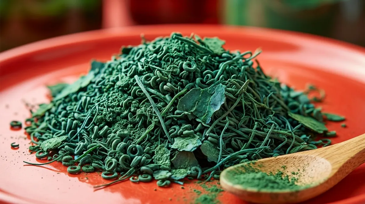 Macro science close-up of spirulina itself: a dense mound of dried spirulina filaments and flakes, shot from a low three-quarter angle with a macro lens and a shallow depth of field. Crisp, deep blue-green coils and fine threads sit in the focal plane, and the rest melts into soft blur. One small pile rests on a smooth, glossy tomato-red ceramic surface, and the saturated red field contrasts hard with the green algae. Lighting is bright, diffuse studio daylight from the upper left, with soft highlights on the powdery grains and gentle warm shadows. A single wooden spoon edge enters the frame at the corner, dusted with fine green powder. The mood is clean, curious and clinical, with no text, labels or packaging, and no blue cast.