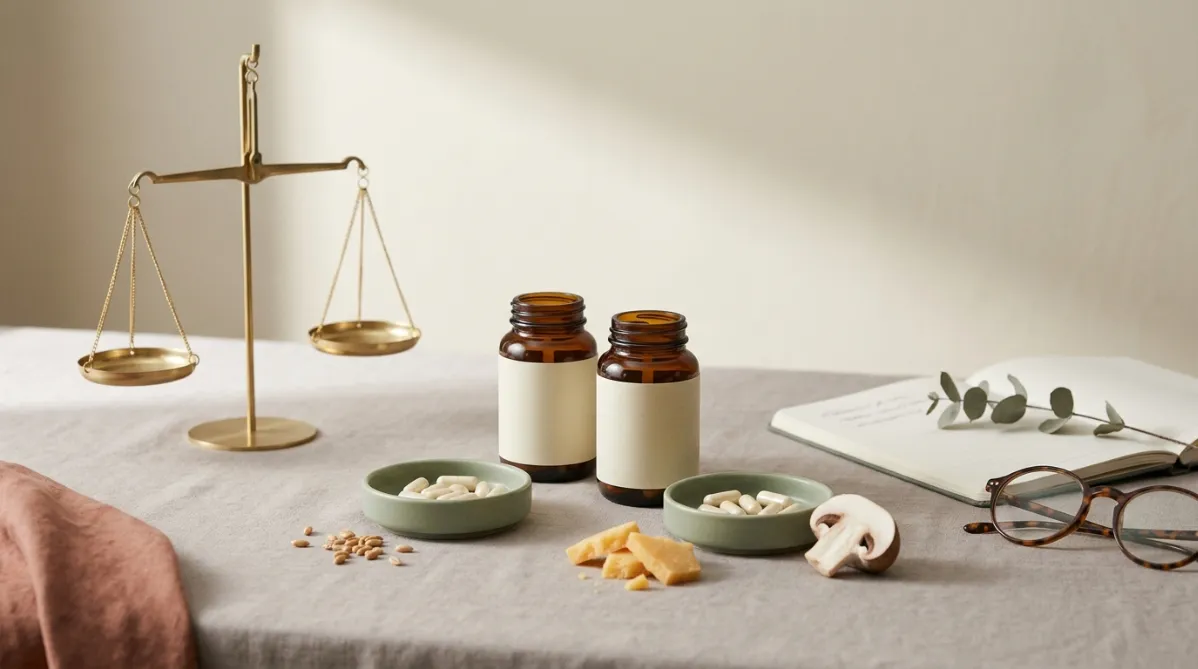 A wide, minimalist editorial still life on a soft, warm-gray linen surface lit by gentle diffused morning window light. At center sit two identical small amber glass supplement bottles, one slightly in front of the other, with plain matte cream labels and no readable text. In front of them, two matching shallow ceramic dishes in muted sage green hold identical small ivory capsules. The capsules are nearly indistinguishable, which quietly suggests placebo versus active. Beside the dishes, a few wheat germ grains, a small cluster of aged cheddar-toned cheese shards, and a halved ripe mushroom hint at natural spermidine food sources. They are arranged with careful negative space.

On the left, a delicate balance scale in brushed brass sits perfectly level, its two small pans empty and even, as a subtle visual metaphor for "no difference." On the right, a neat open notebook with soft blurred pencil lines and a single sprig of dried eucalyptus lies beside a pair of thin round tortoiseshell reading glasses, suggesting older adults and memory without showing any people.

The background is a softly blurred pale oat-colored wall with a long gentle shadow cast diagonally across the scene from a window. The color palette is muted and modern: warm cream, sage green, amber, soft brass, and dusty terracotta accents. Shallow depth of field keeps the bottles and scale crisp while the edges melt into a creamy blur. The mood is calm, thoughtful, and quietly skeptical, like a trendy health and science journal feature. Fine film grain, a subtle matte finish, and a balanced asymmetrical composition leave open space in the upper right for headline overlay. Photographed from a slightly elevated three-quarter angle, high-end editorial photography style.