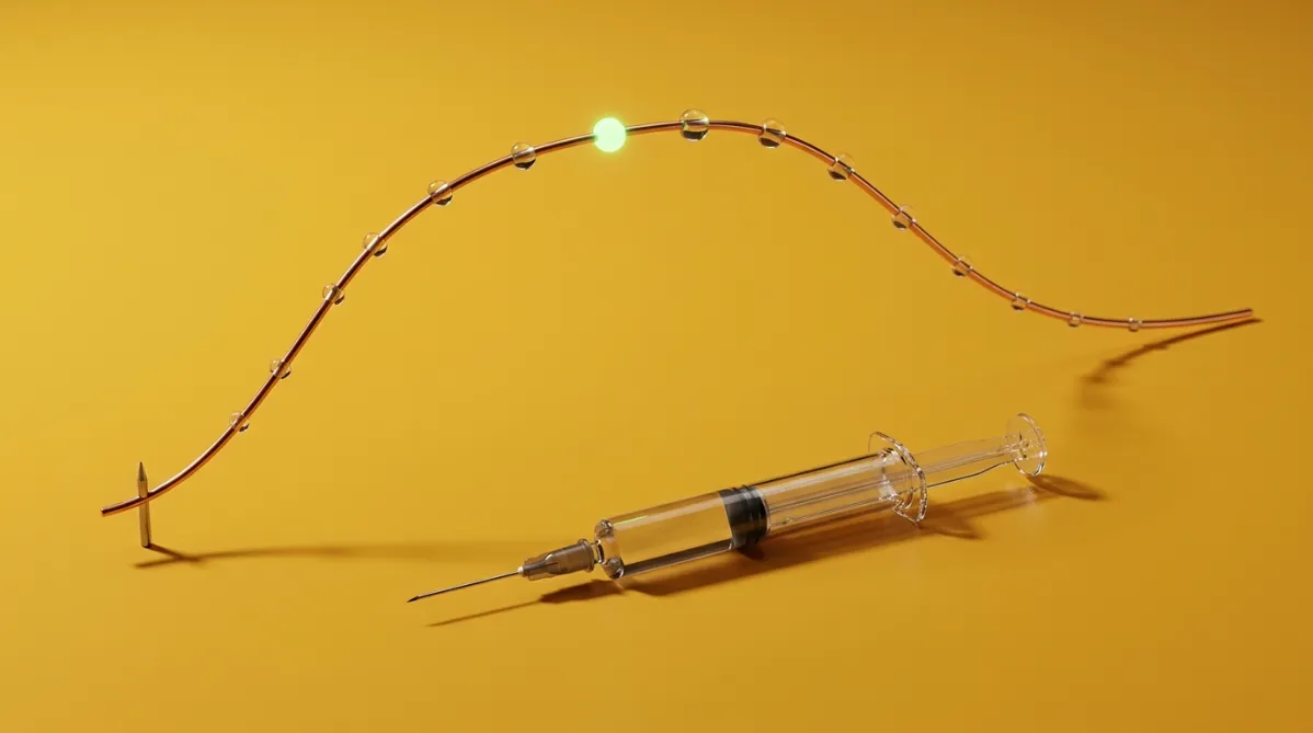 Approach: Data as art, with a conceptual twist. Palette: bold color field (D).

Subject: a single glass syringe lying on a saturated mustard-yellow acrylic surface, shot from a low three-quarter angle with a shallow depth of field. Behind it, a long arc of thin copper wire rises in a gentle curve from a small spike to a broad plateau and then slowly tapers, echoing a hormone curve stretched across days. Small, evenly spaced glass beads sit along the wire, each slightly larger toward the plateau. One bead glows soft electric green.

Lighting: hard single softbox from the upper left, creating crisp, short shadows in warm umber on the yellow. Specular highlights on the glass and copper.

Mood: precise, patient, and quietly analytical, with a slow-release rhythm. No text or markings anywhere.